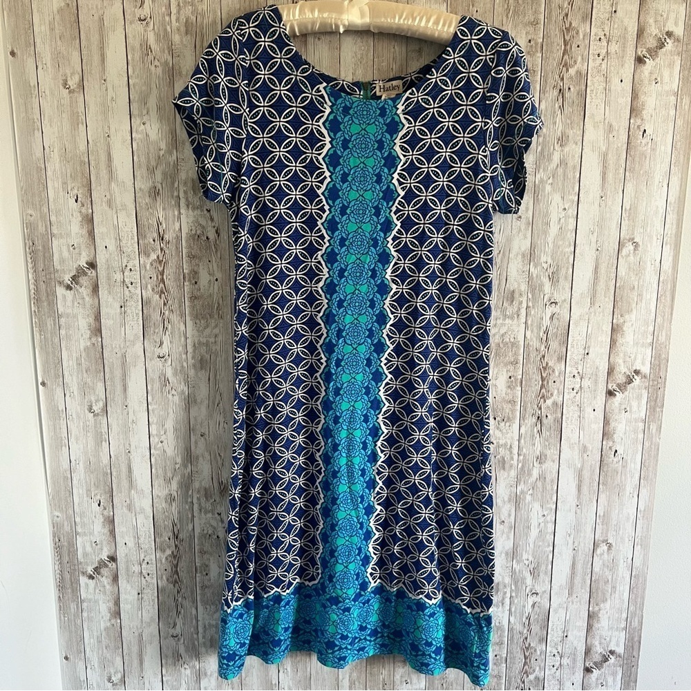 Hatley Blue and Teal Patterned Short Sleeve Dress Small